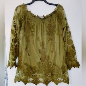 Marled Oversized Olive Green Embroidered Top